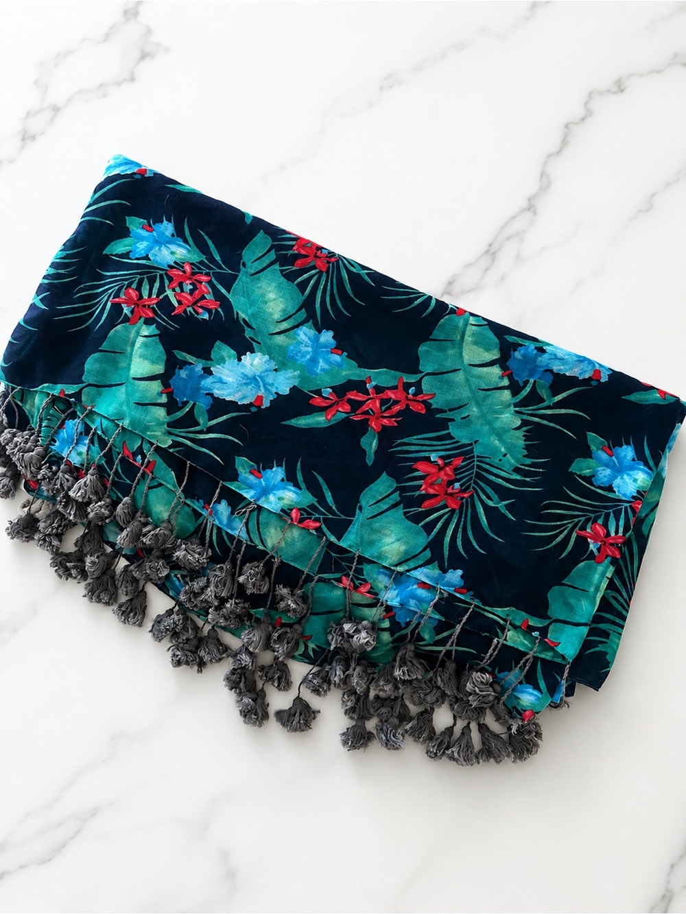 Subtle Luxury Navy Tropical Floral Multi-wear SwimCoverup with Gray Tassels